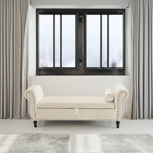 Velvet Multifunctional Storage Rectangular ottoman bench with 1 Pillow, Beige