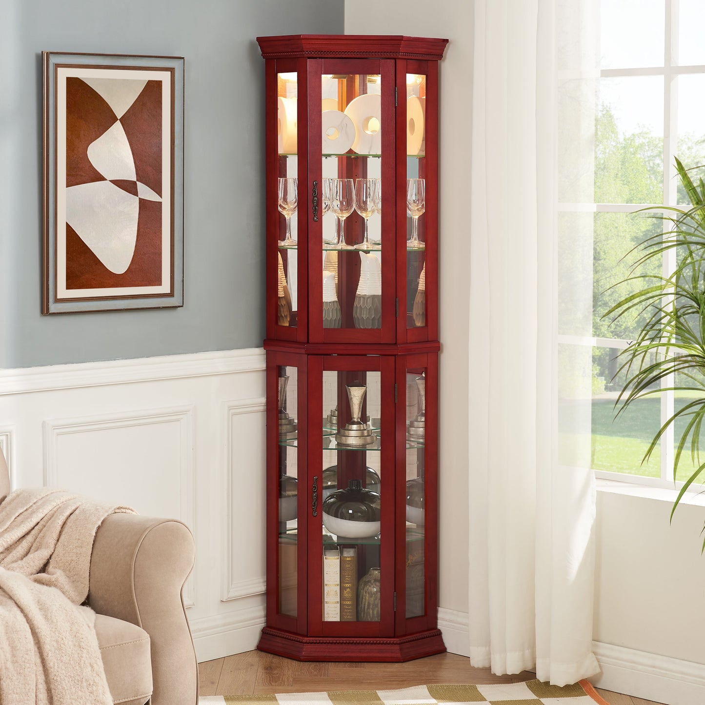 Corner Curio cabinet with illuminated glass display stand and tempered glass door, with adjustable bracket and light bulb eprolo