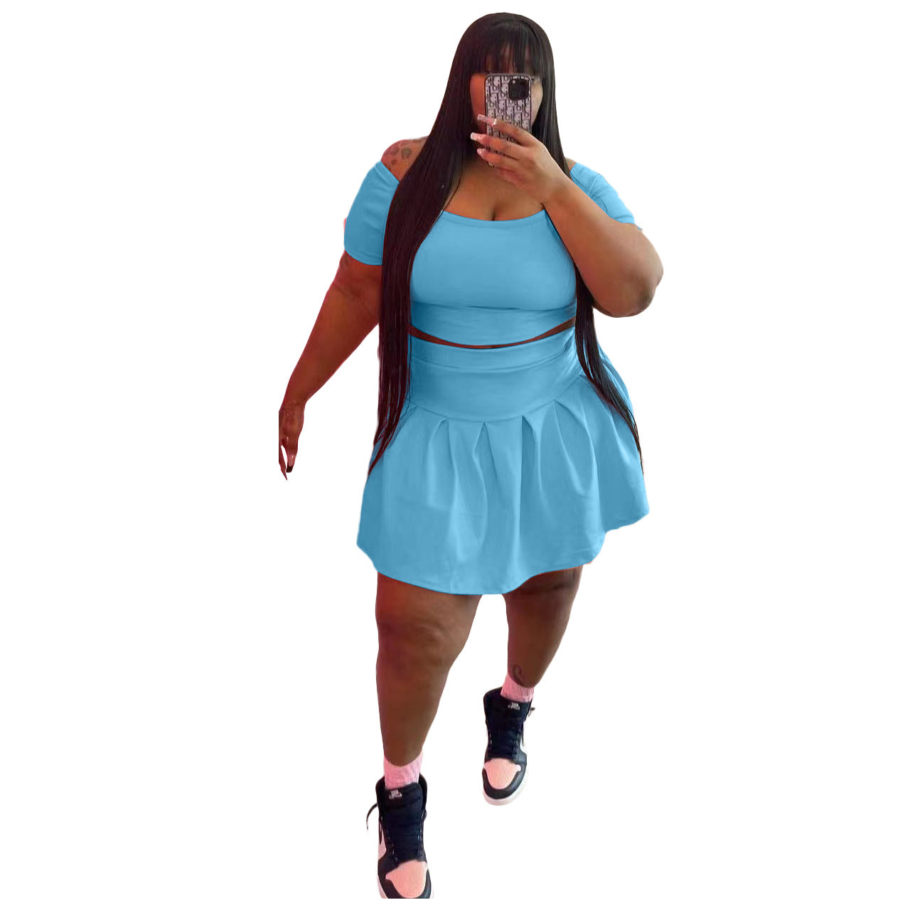 Fashion Women's New Solid Color Pleated Skirt Plus Size Two Piece Set eprolo