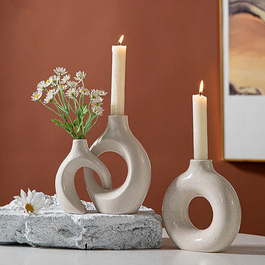 Nordic Abstract Ceramic Couple Candle Holder – Irregular Circle Vase Figurine - Shello's Creative Boutique