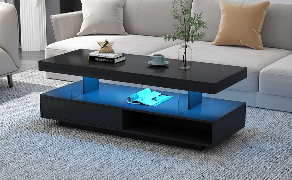 U-Can LED coffee table with storage space, modern central table with 2 drawers and display rack, equipped with LED lights, black eprolo