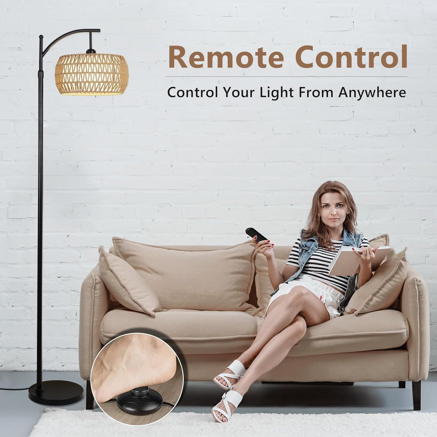Arc Floor Lamp with Remote Control, Dimmable LED Floor Lamp with 3 Color Temperature Boho Farmhouse Tall Pole Lamp eprolo