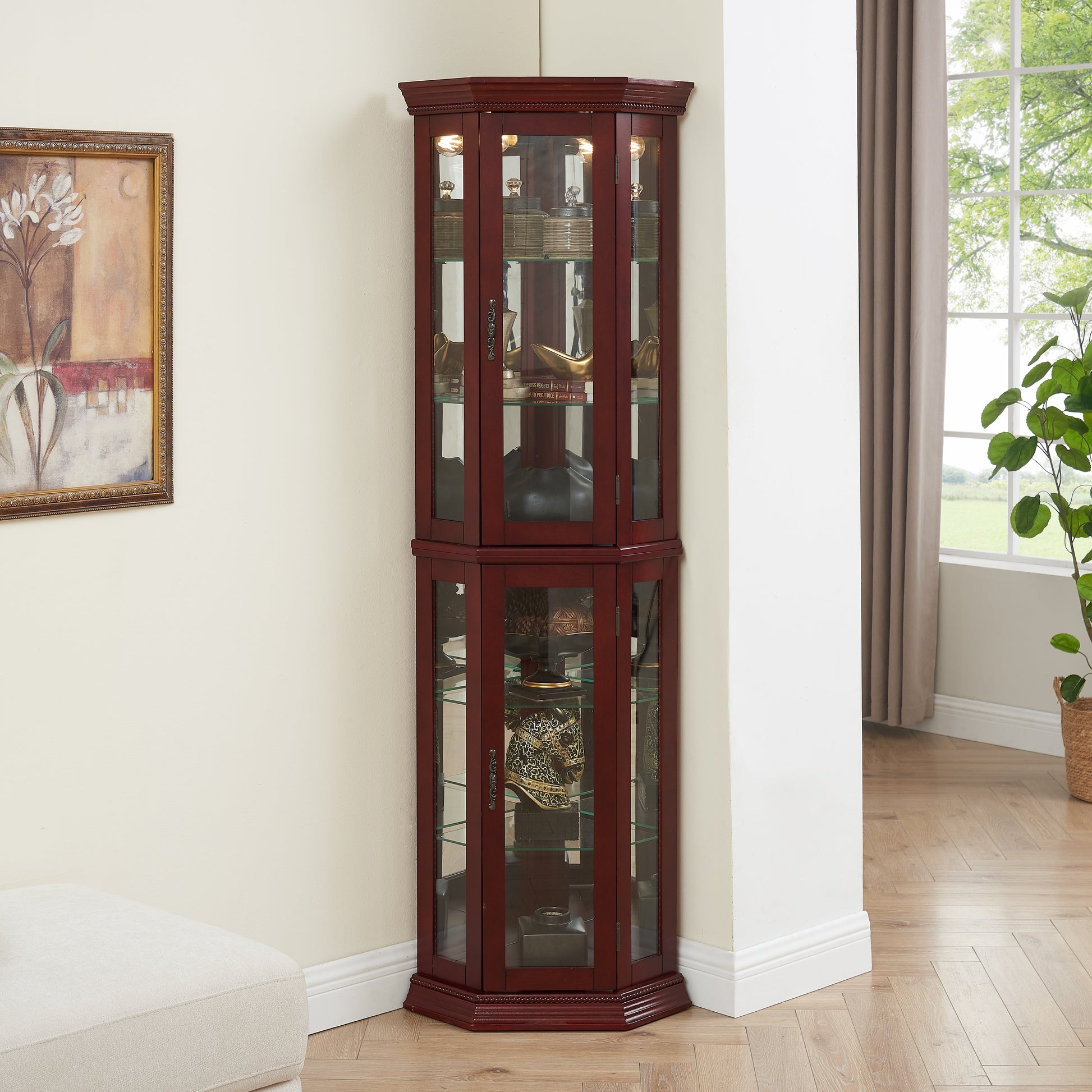 Corner Curio cabinet with lights, adjustable tempered glass frame, display cabinet, cherry color (excluding E26 light bulbs) eprolo