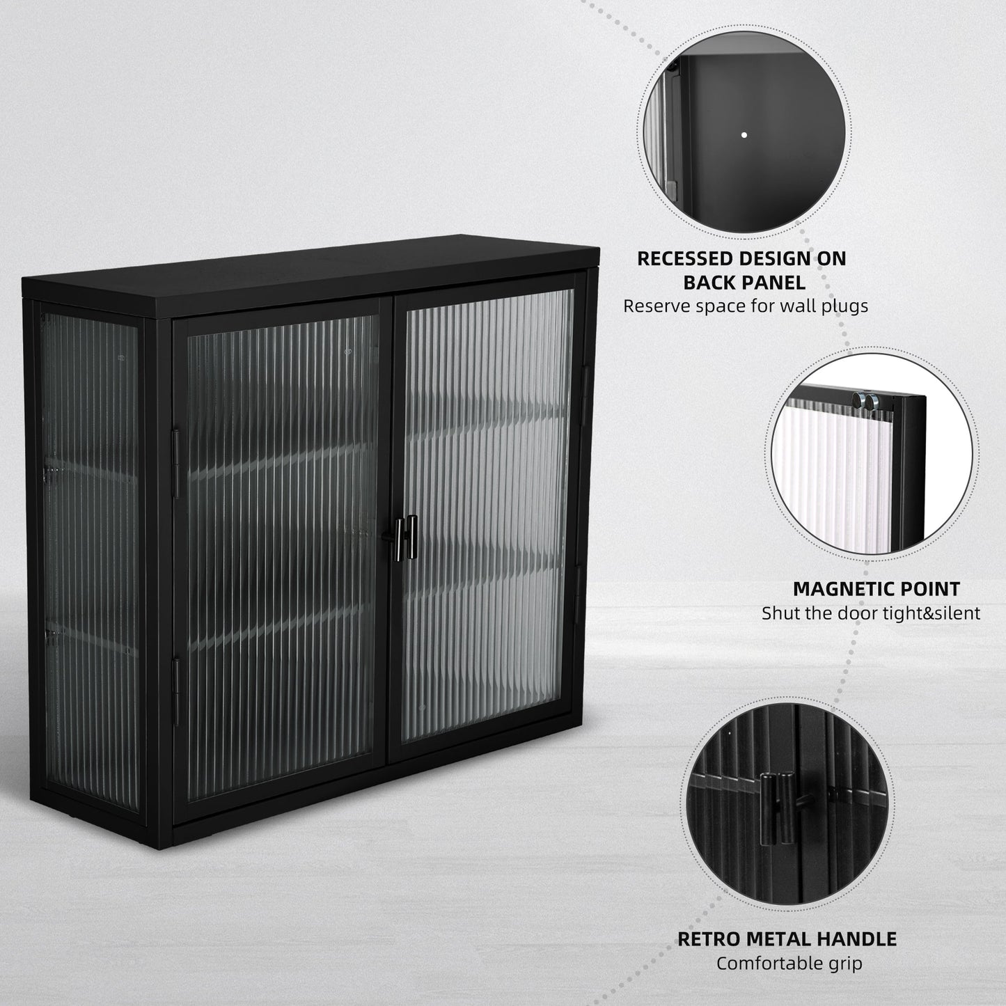Retro Style Haze Double Glass Door Wall Cabinet With Detachable Shelves for Office Dining Room Living Room eprolo