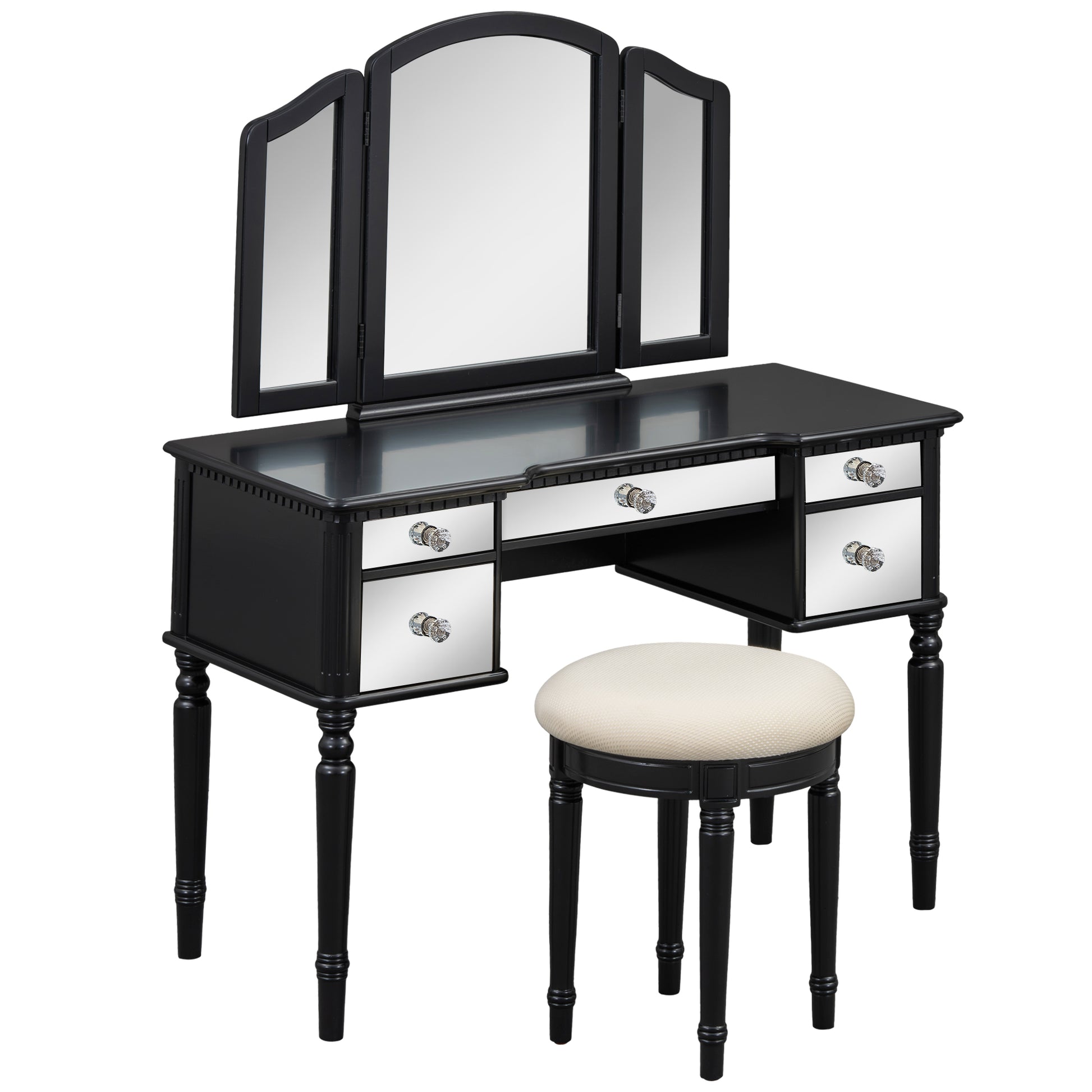 GO 43" Dressing Table Set with Mirrored Drawers and Stool, Tri-fold Mirror, Makeup Vanity Set for Bedroom, Black eprolo
