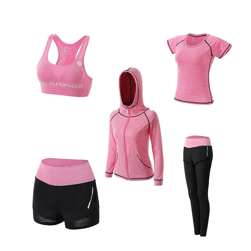 Women Yoga Sport Suit quick Dry Bra Set 5 Piece Female Short-sleeved shorts long pants Outdoor Sportswear Fitness suit eprolo