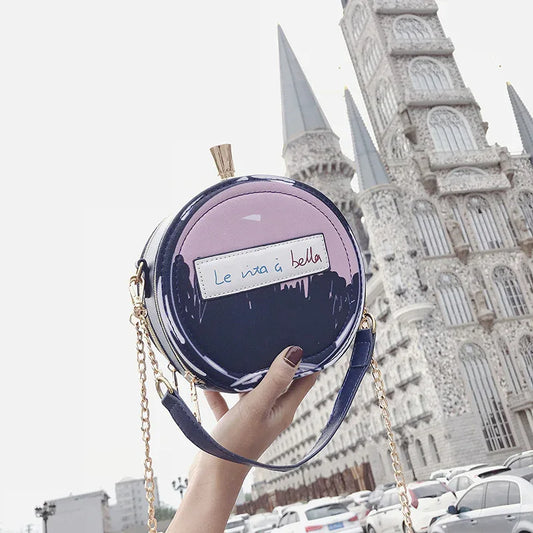Round Letter Printed Perfume Bottle Pu Leather Casual Handbag Chain Purse Shoulder Bag - Shello's Creative Boutique