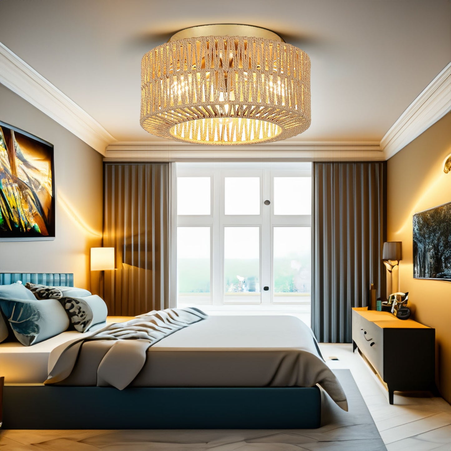 Boho Light Fixtures Ceiling Mount 3-Light Farmhouse Rattan Ceiling Light Fixture Flush Mount Ceiling Light with Hand-Woven Shade eprolo