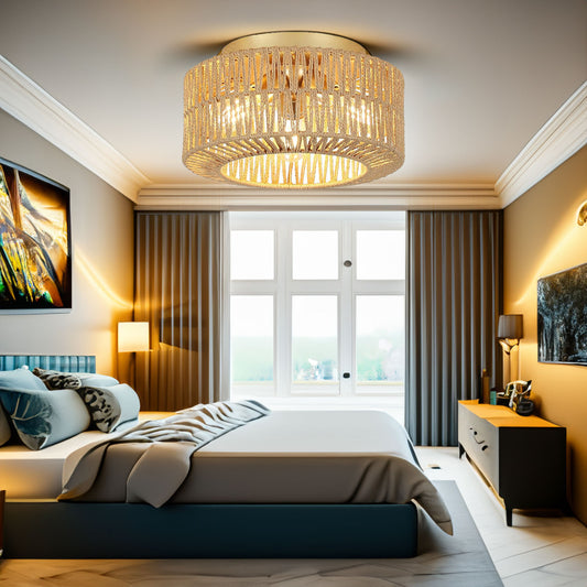 Boho Light Fixtures Ceiling Mount 3-Light Farmhouse Rattan Ceiling Light Fixture Flush Mount Ceiling Light with Hand-Woven Shade eprolo