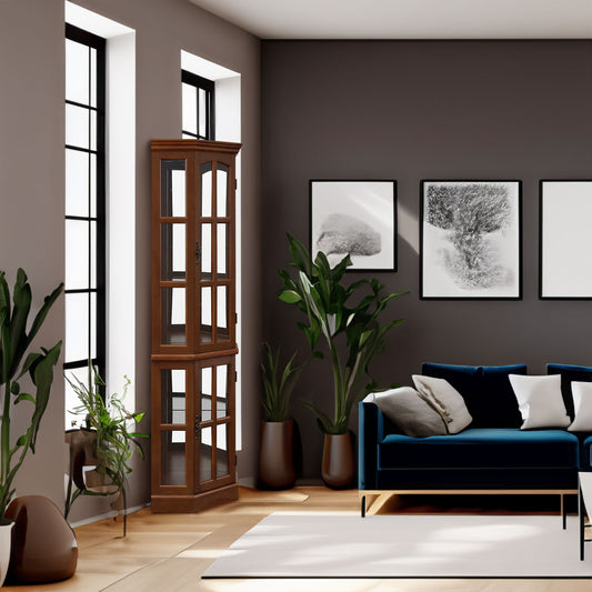 Luxury Corner Curio Cabinet with LED Lighting - 5-Shelf Display Cabinet in Walnut