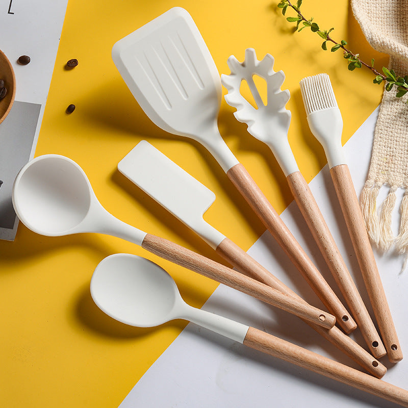 Milky White Silicone Kitchen Set Non-Stick Silicone Kitchen Utensils Cooking Spatula 10-Piece Set With Storage Bucket eprolo