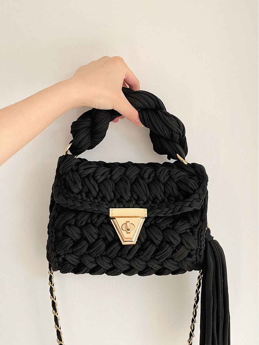 Women Crochet Shoulder Bag - Hand Woven Crochet Tassel Bag with Fried Dough Twists