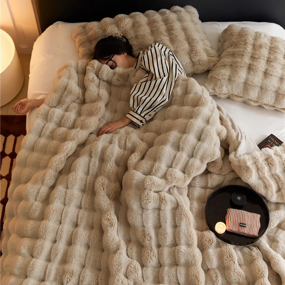 Double-sided Rabbit Fleece Faux Fur Plush Blanket for Winter - Shello's Creative Boutique
