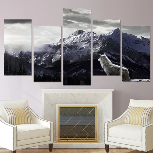 HD Prints Canvas Wall Art Living Room Home Decor Pictures 5 Pieces Snow Mountain Plateau Wolf Paintings Animal Posters Framework - Shello's Creative Boutique