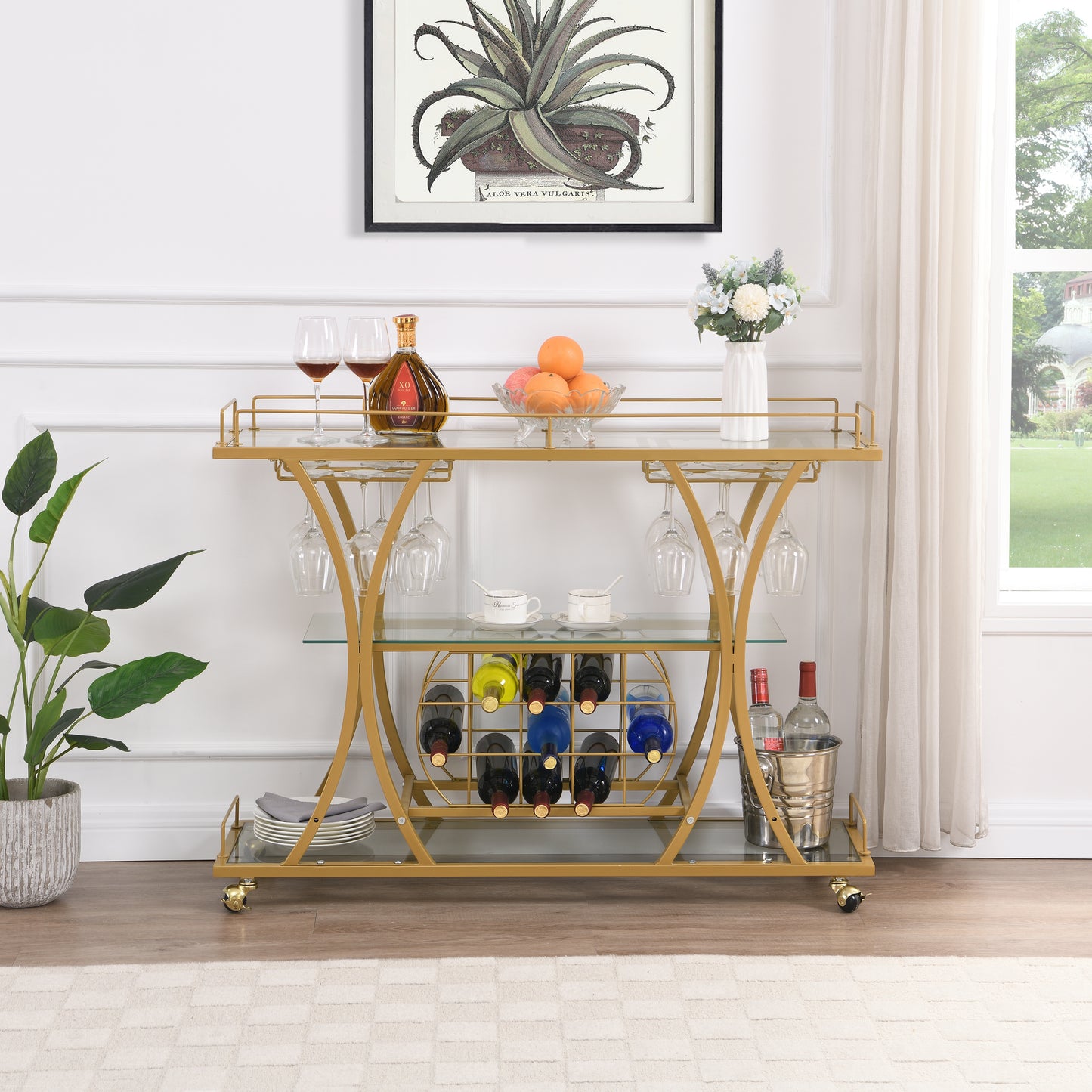 Golden Bar Cart with Wine Rack Tempered Glass Metal Frame Wine Storage eprolo