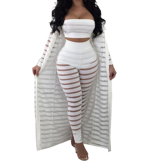 Big Size S-3xl Summer Tracksuit Hollow Out Stripe Overalls Sexy Women's Set Three Pieces Suits Jumpsuit Casual Nightclub Wear eprolo