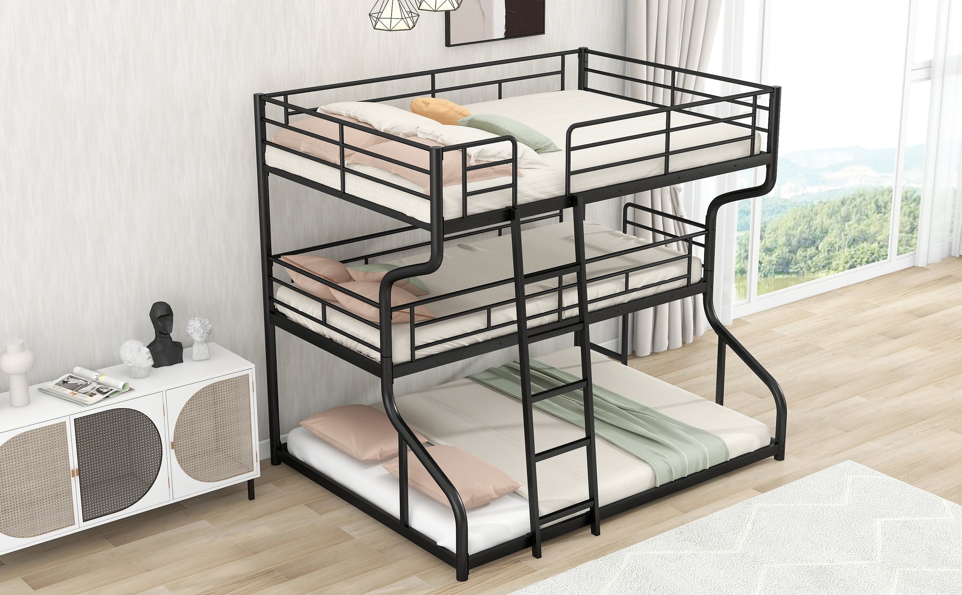 Full XL over Twin XL over Queen Size Triple Bunk Bed with Long and Short Ladder,Black eprolo