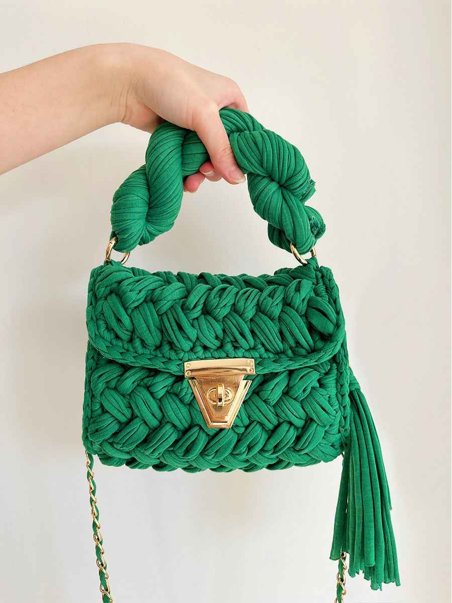 Women Crochet Shoulder Bag - Hand Woven Crochet Tassel Bag with Fried Dough Twists