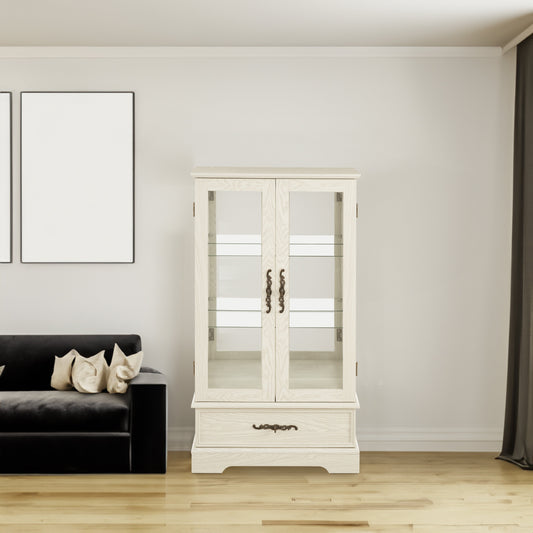 Light colored glass cabinet Curio display cabinet with adjustable glass frame, 2 doors and 1 drawer, including white light bulbs eprolo