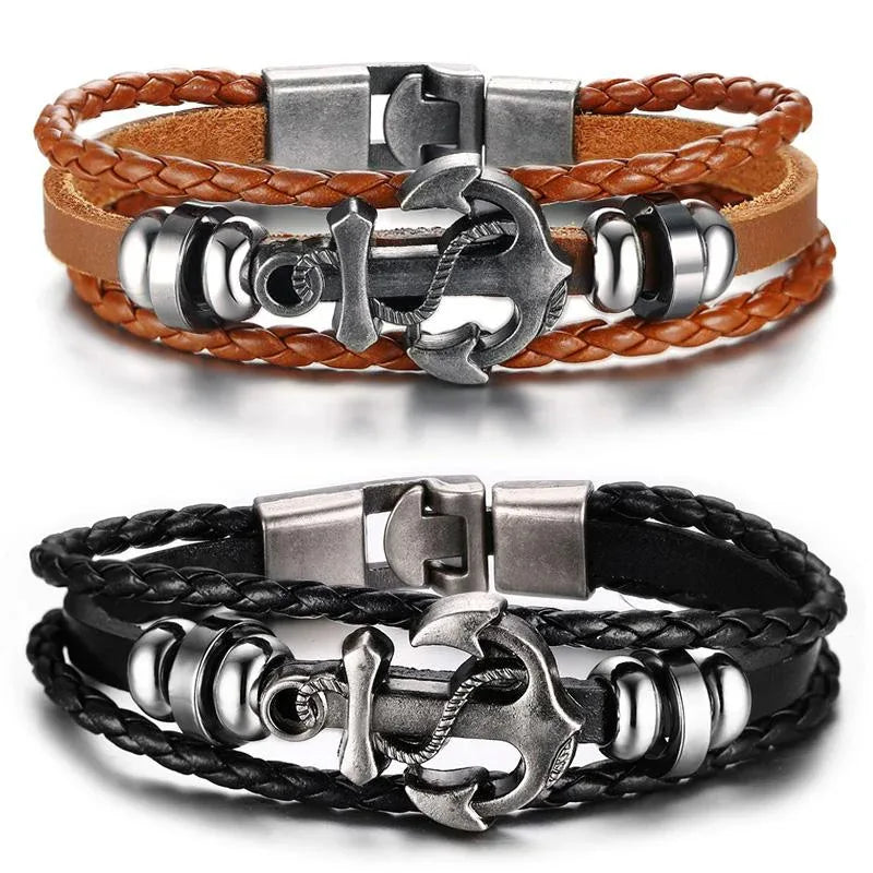 Vnox Anchor Bracelet Black Braided Leather Charm Men Jewelry - Shello's Creative Boutique