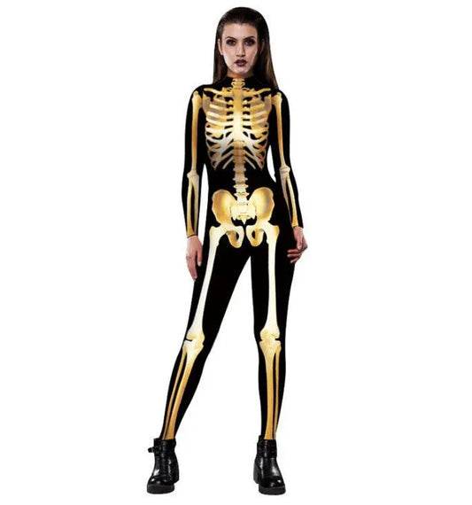 Gold Mechanical Bone Skull Costume Women Halloween Outfit Skeleton Costumes Plus Size Jumpsuit Scary Bodysuit - Shello's Creative Boutique
