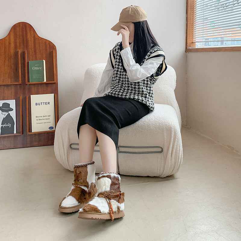 Runway Long Hair Boots Black Round Toe Thick Bottom Ankle Boots Winter Warm Lace up Thick Sole Snow Boots woman Mujer