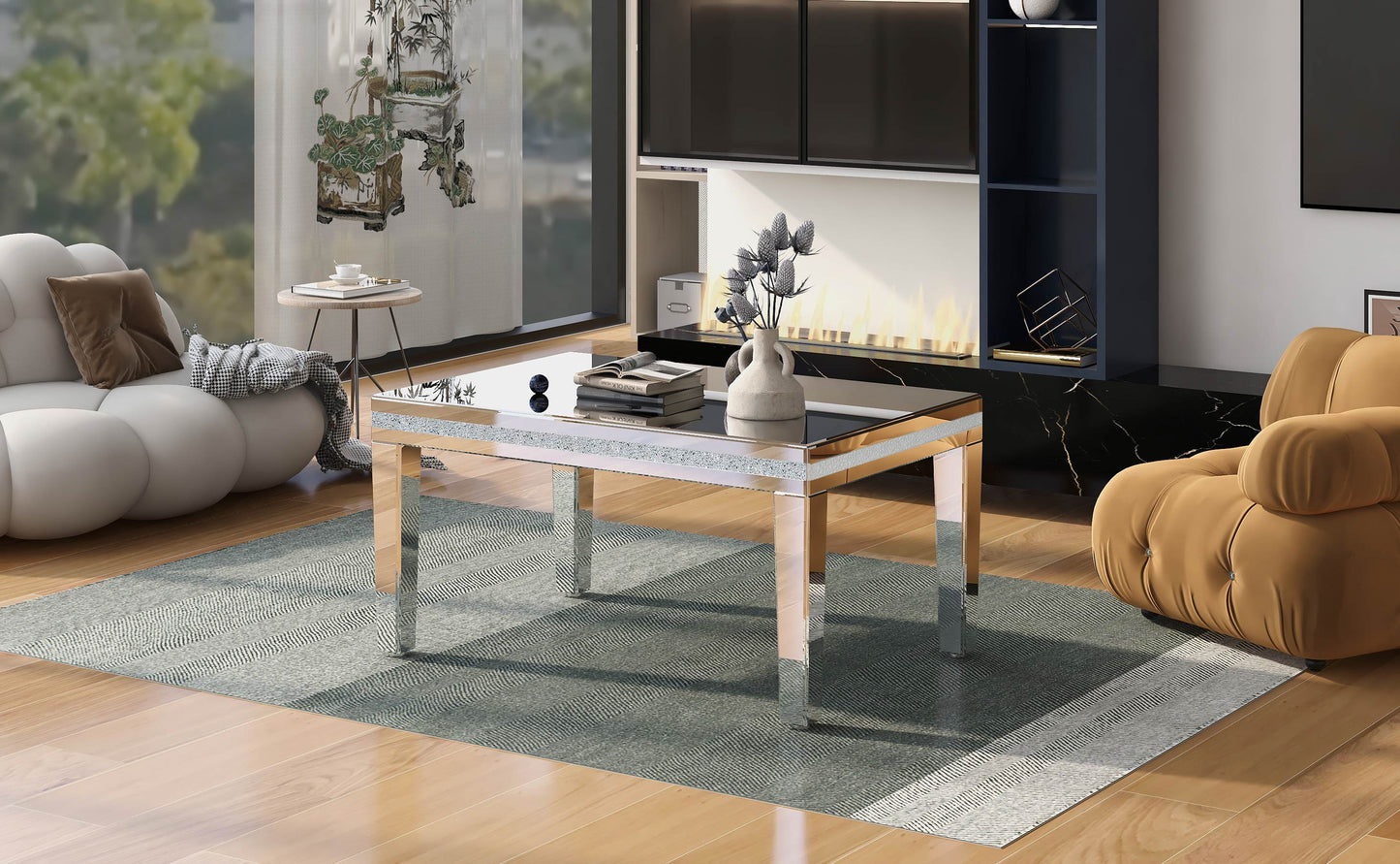 The ON-TRANS stylish modern glass mirrored coffee table features a crystal design and adjustable height legs in silver eprolo