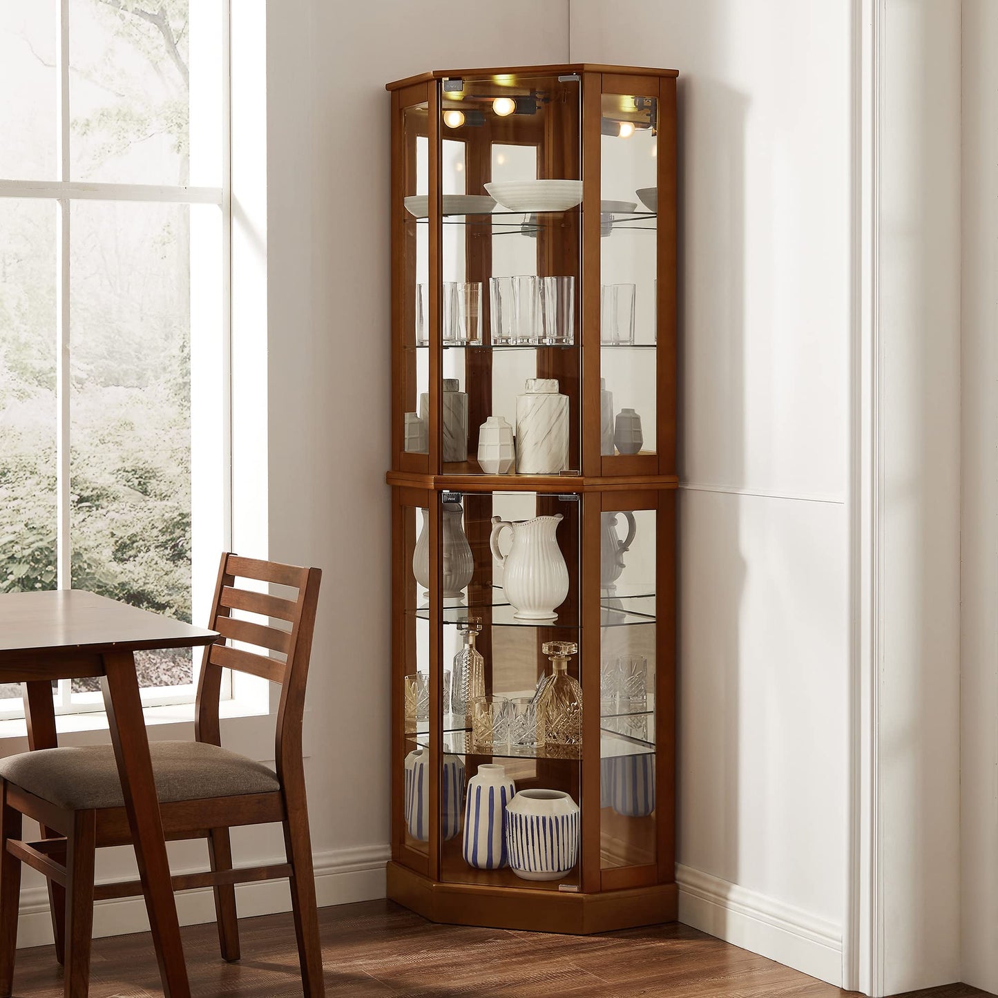 6 shelves corner Curio display cabinet with light mirror and adjustable shelves, walnut wood (excluding E26 light bulbs) eprolo
