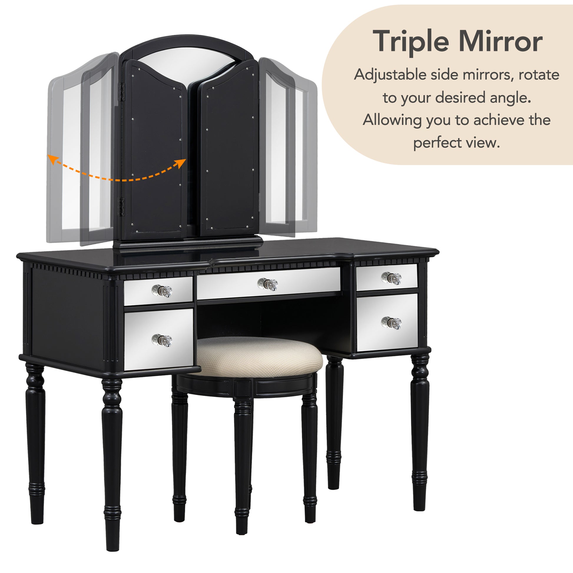 GO 43" Dressing Table Set with Mirrored Drawers and Stool, Tri-fold Mirror, Makeup Vanity Set for Bedroom, Black eprolo
