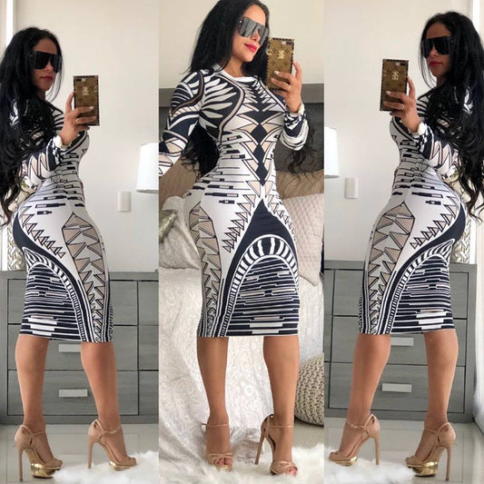 Multicolor Print Dress Four Seasons Slim Night Club Skirt Long Sleeves For Women