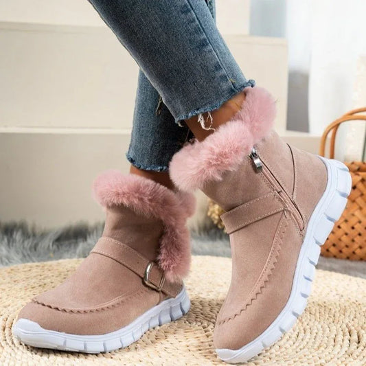 Korean Edition Velvet Snow Boots – Autumn & Winter Short Flat Boots with Side Zipper - Shello's Creative Boutique