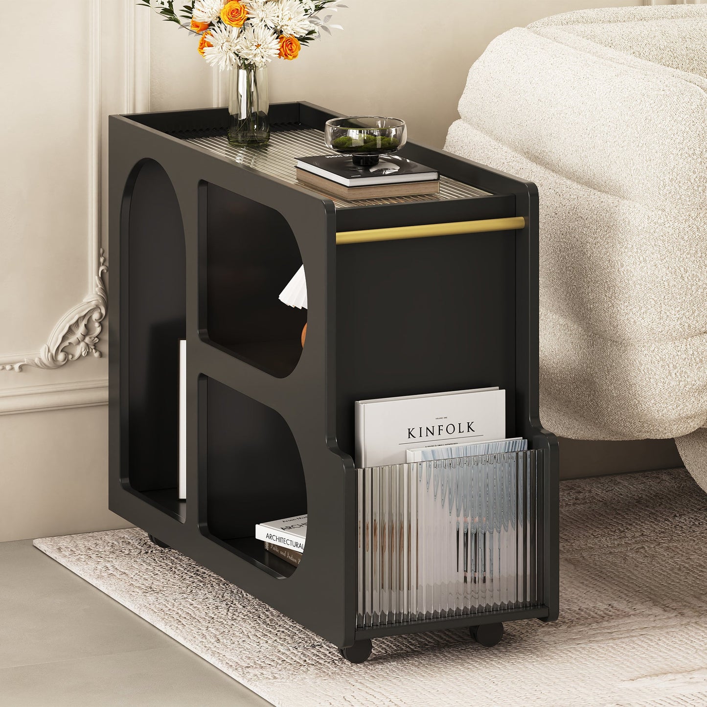 Stylish mobile desk with lockable wheels,bedside table with 5mm thick grooved tempered glass and gold round bars ,black eprolo