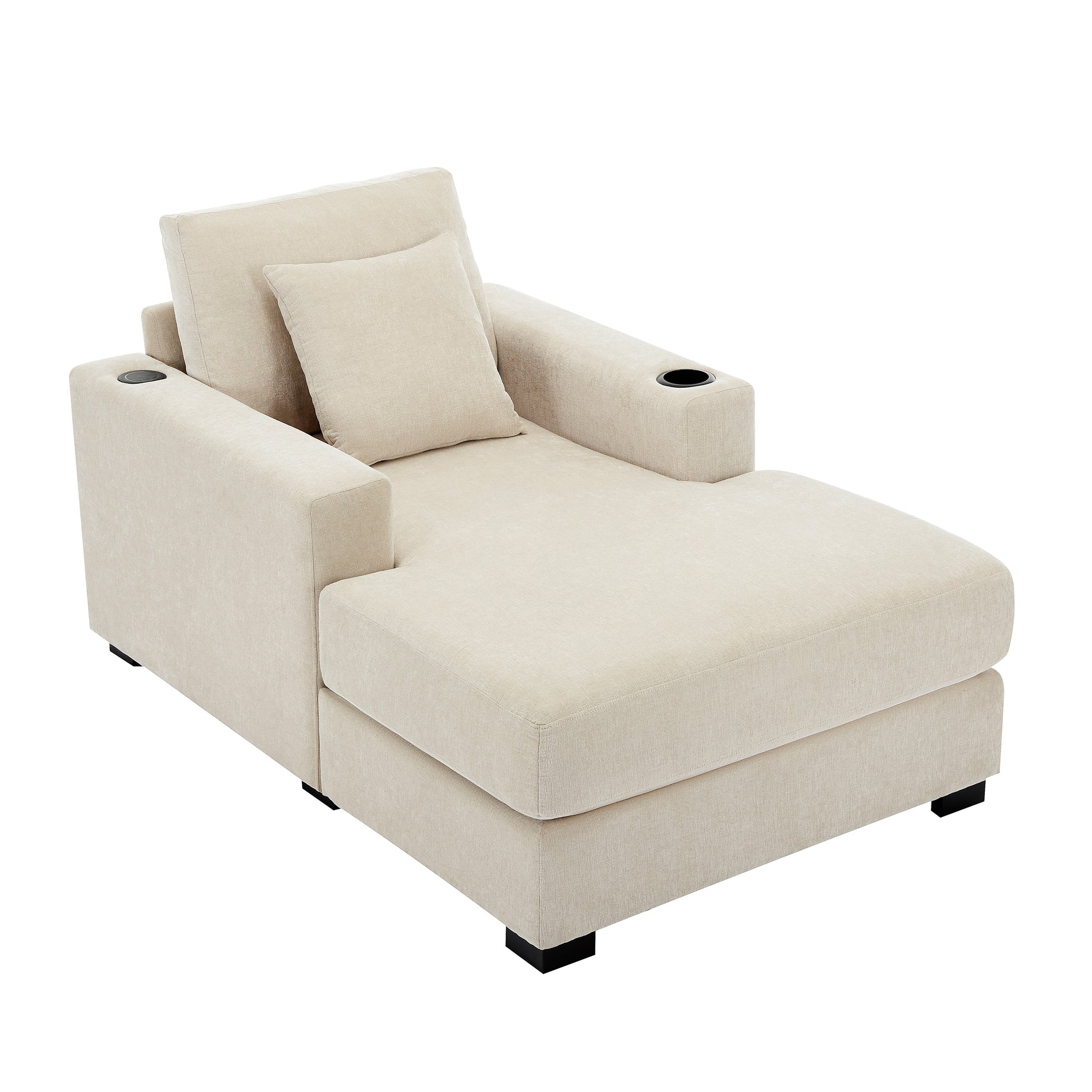 39.7" Oversized Chaise Lounger Modern Style Sofa Couch ,with Pillows, Charge Station & Cup Holders, Chenille Fabric, Cream Shello Creative Boutique