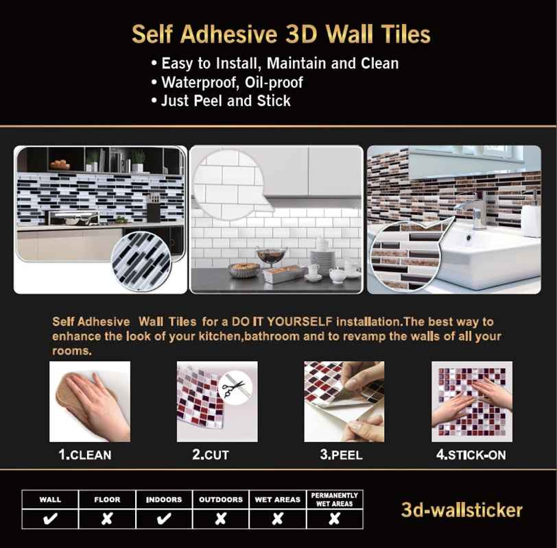 Vividtiles Self-Adhesive Mosaic Tiles for DIY Kitchen and Bathroom Decor