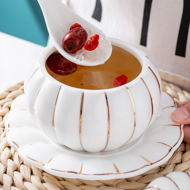 Creative Ceramic Pumpkin Cup, Steamed Egg Cup, Stewed Pot with Cover, Pure White Mini Bird's Nest Cup, Soup Cup eprolo