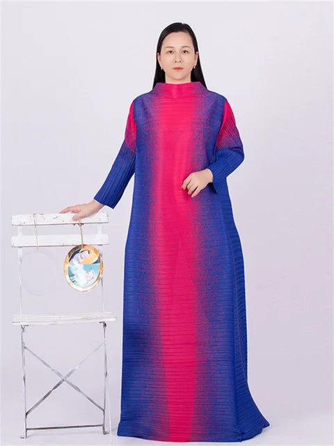 Spring Multicolor Printing Round Neck Long Sleeve Loose Plus Size Luxury Evening Dresses eprolo