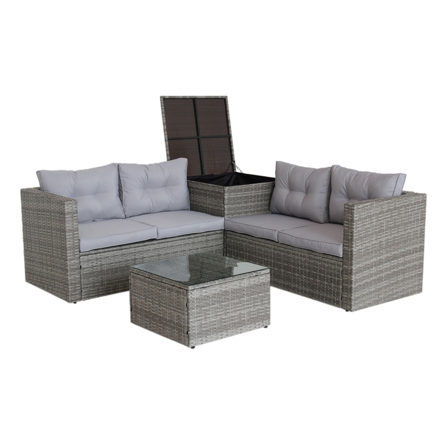 4 Piece Patio Sectional Wicker Rattan Outdoor Furniture Sofa Set with Storage Box Grey eprolo