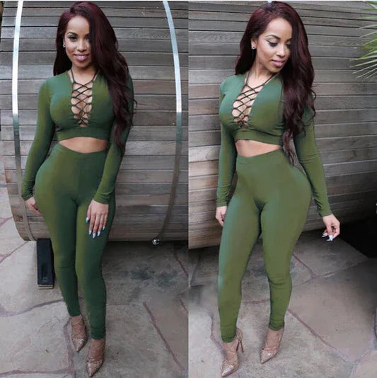 2 pieces long sleeve bandage Sets Sexy Crop Tops And Pants Sets - Shello's Creative Boutique