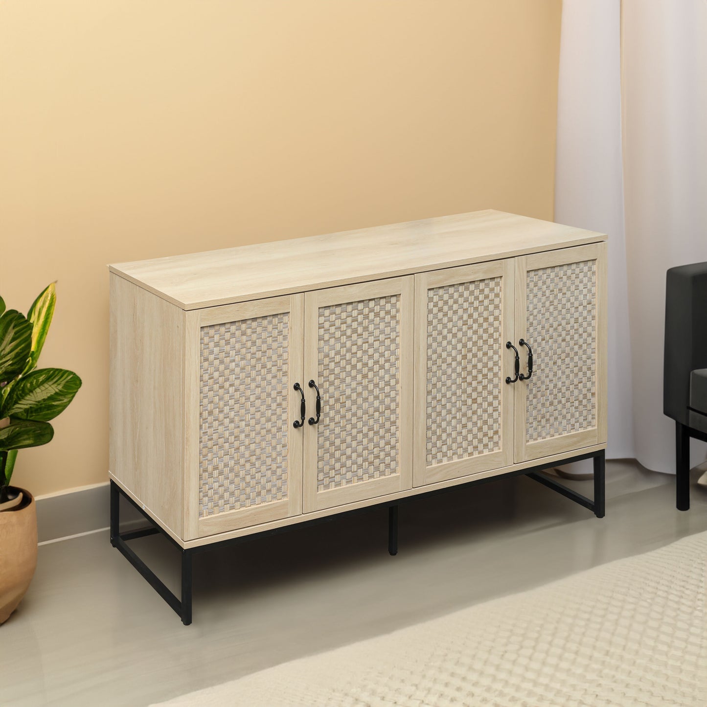 Luxury Rattan 4-Door Storage Cabinet - Large Sideboard Buffet with Elegant Design