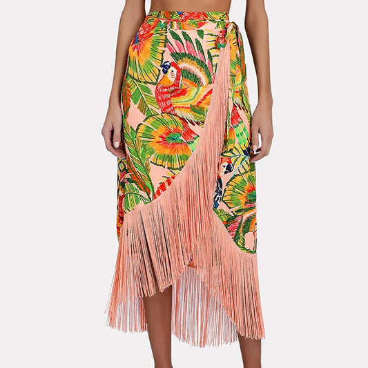 Vintage One-shoulder Swimsuits Sexy Print Two-piece Bikini and Fringe Skirt Women Swimwear - Shello's Creative Boutique