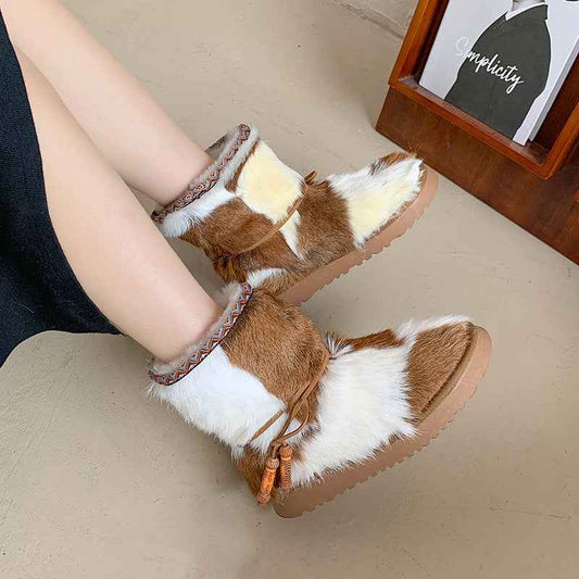 Runway Long Hair Boots Black Round Toe Thick Bottom Ankle Boots Winter Warm Lace up Thick Sole Snow Boots woman Mujer