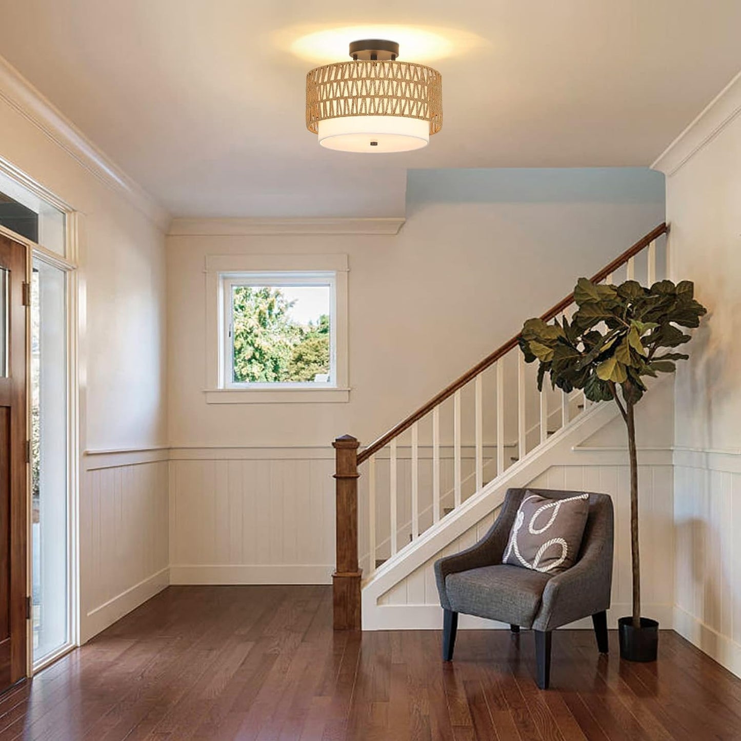 3-Light Semi Flush Mount Ceiling Light Fixture, Boho Rattan Light Fixtures Ceiling, Farmhouse Drum Light with Fabric Shade eprolo