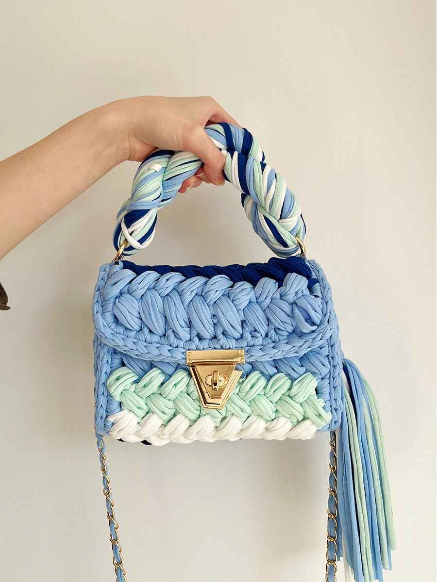 Women Crochet Shoulder Bag - Hand Woven Crochet Tassel Bag with Fried Dough Twists