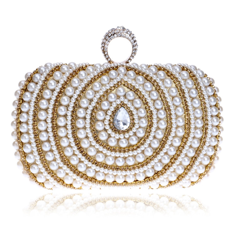 Pearl evening handbag with gold-tone trim, teardrop crystal, and circular top handle