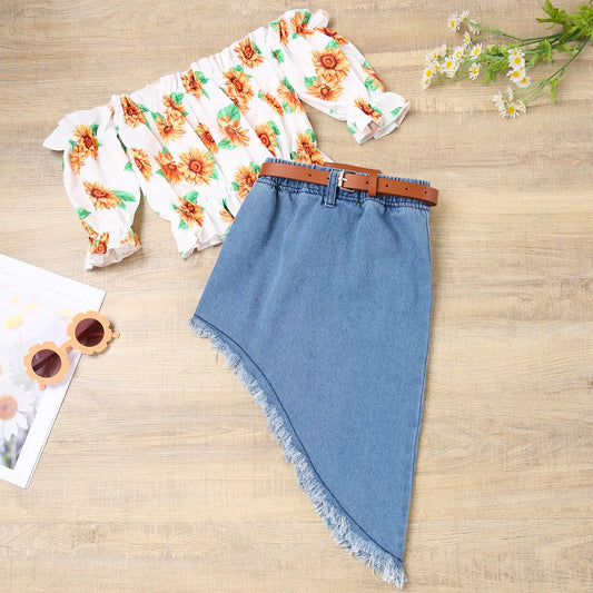 New Korean Long Sleeve Sunflower Flared Top + Solid Colour Suspender Skirt Two-Piece Set - Shello's Creative Boutique