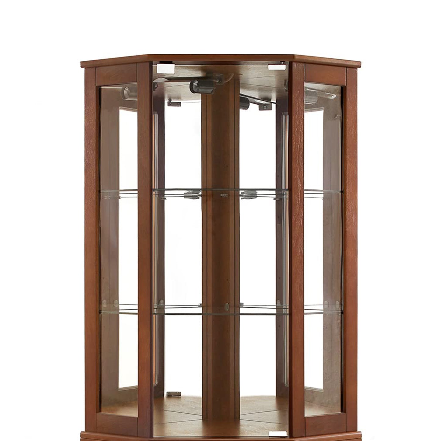 6 shelves corner Curio display cabinet with light mirror and adjustable shelves, walnut wood (excluding E26 light bulbs) eprolo