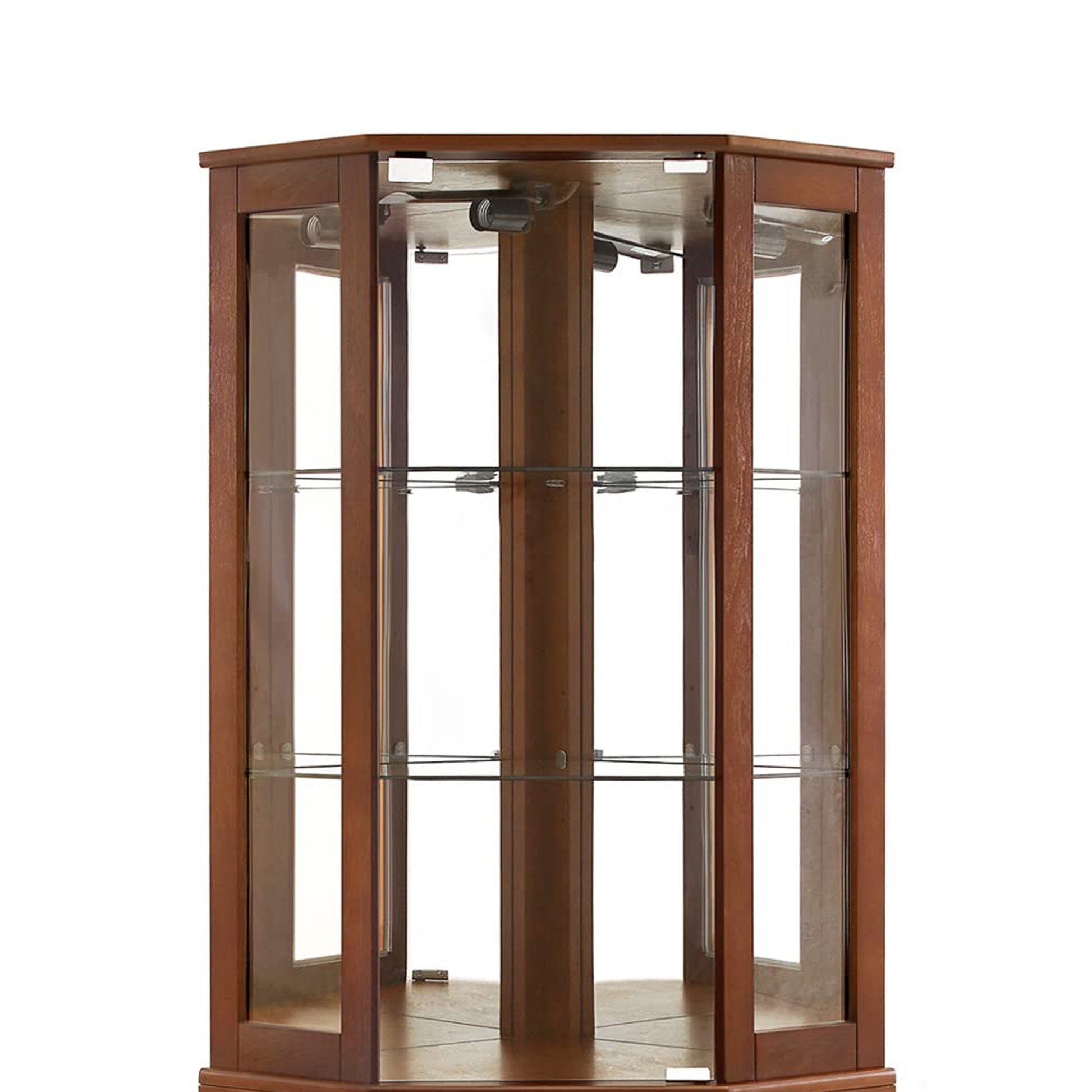6 shelves corner Curio display cabinet with light mirror and adjustable shelves, walnut wood (excluding E26 light bulbs) eprolo