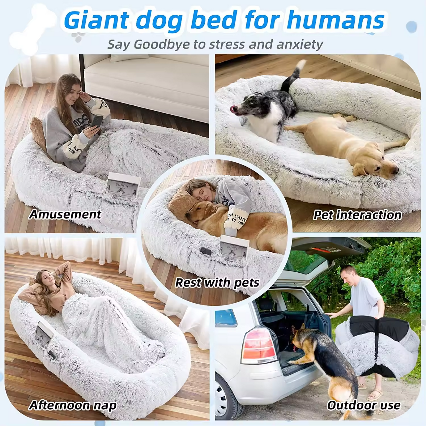 Human dog bed, size 71 inches x 40 inches x 12 inches, washable faux fur dog bed - gray