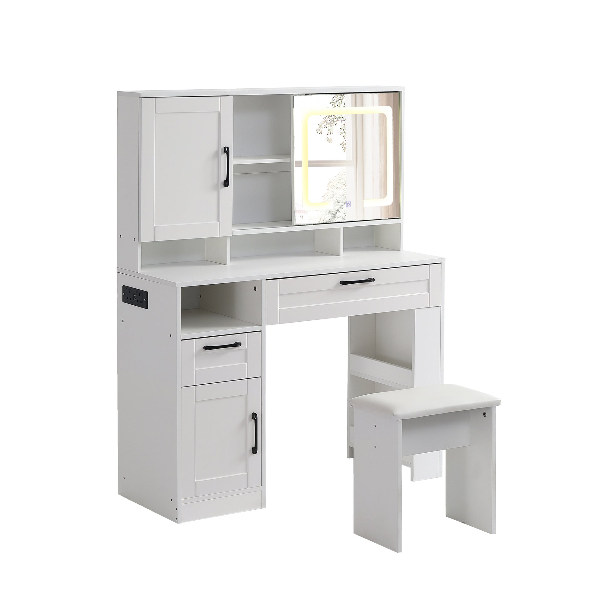 Vanity table with large sliding lighted mirror dressing table with 2 drawers storage shelves and upholstered stool white color eprolo
