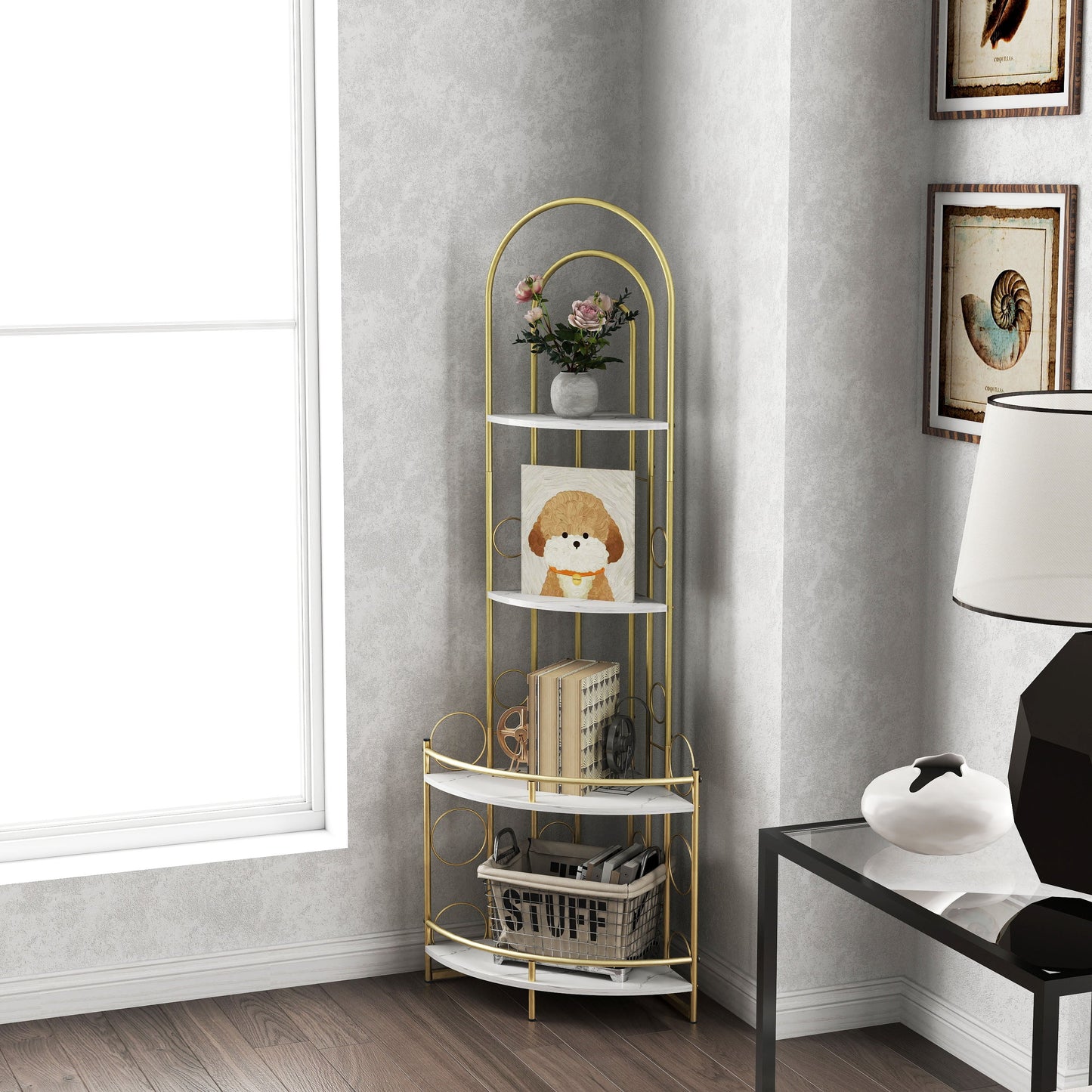 Gold 4-Tier Corner Bookshelf, Modern Style, Plant Stand with Metal Frame eprolo